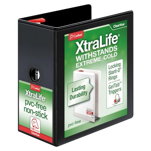 Cardinal XtraLife 3-Ring Binder, 5", w/ Shelf Pull, Locking Slant-D Rings, ClearVue Presentation Binder, Holds 1,100 Sheets, PVC-Free, Black (26351CB