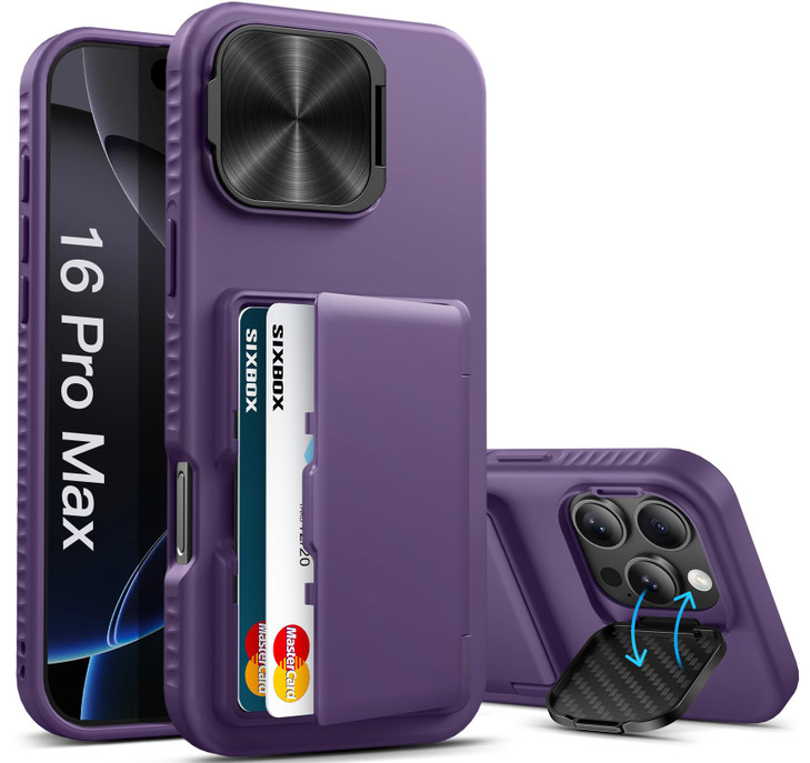 SIXBOX for iPhone 16 Pro Max Case with Kickstand & Card Holder & Camera Lens Cover, Military Grade Drop Protection Shockproof Rugged Stand Phone Cove