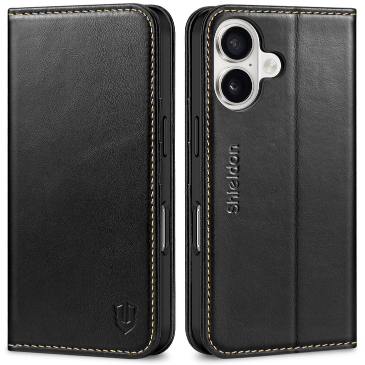 SHIELDON Case for iPhone 16 6.1" 2024, Genuine Leather Flip Wallet Case Magnetic RFID Blocking Card Holder Kickstand Shockproof TPU Protective Phone