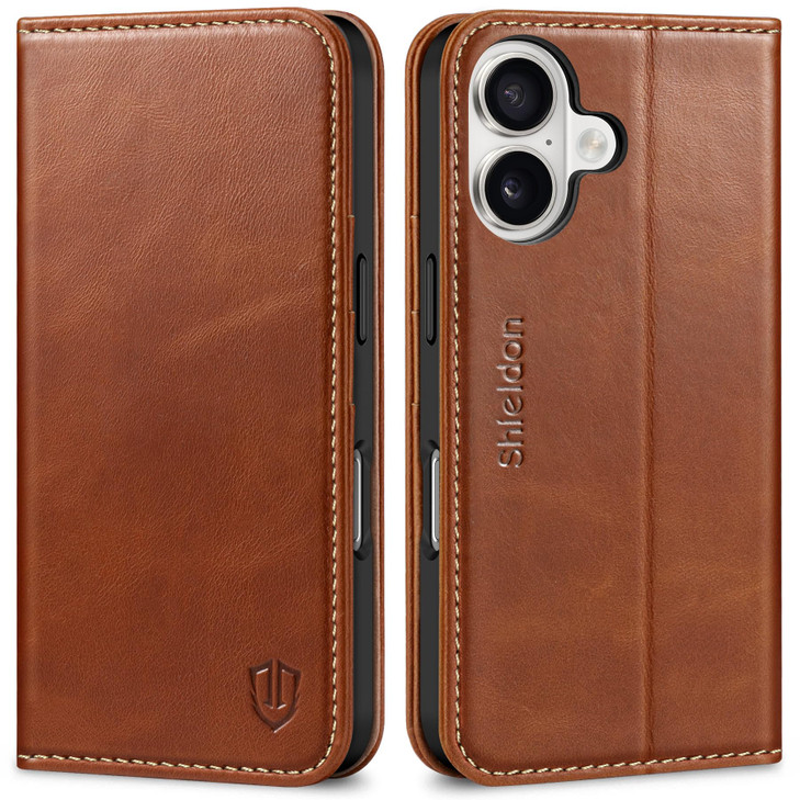 SHIELDON Case for iPhone 16 5G 6.1", Genuine Leather Wallet Flip Magnetic Closure Cover RFID Blocking Credit Card Holder Kickstand TPU Shockproof Cas