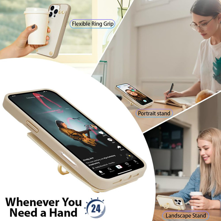 LAMEEKU for iPhone 16 Pro Max Case Wallet with Card Holder, 360° Rotation Ring Kickstand Leather Protective Case for iPhone 16 Pro Max 6.9'' Beige