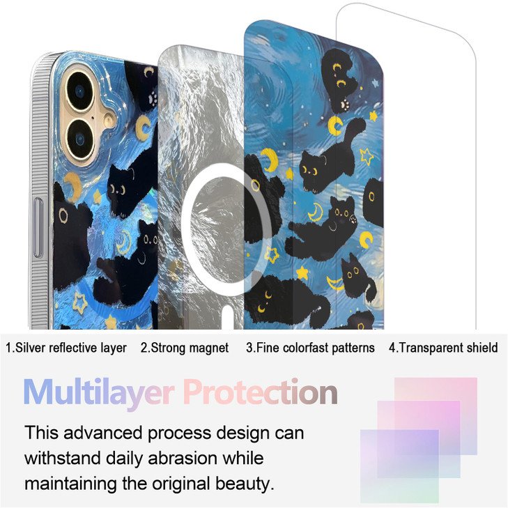 buccilly Compact Case for iPhone 16 Black cat Design,[Compatible with Magsafe] Cute Soft Slim TPU Shockproof Protective Bumper Phone Cases Cover for