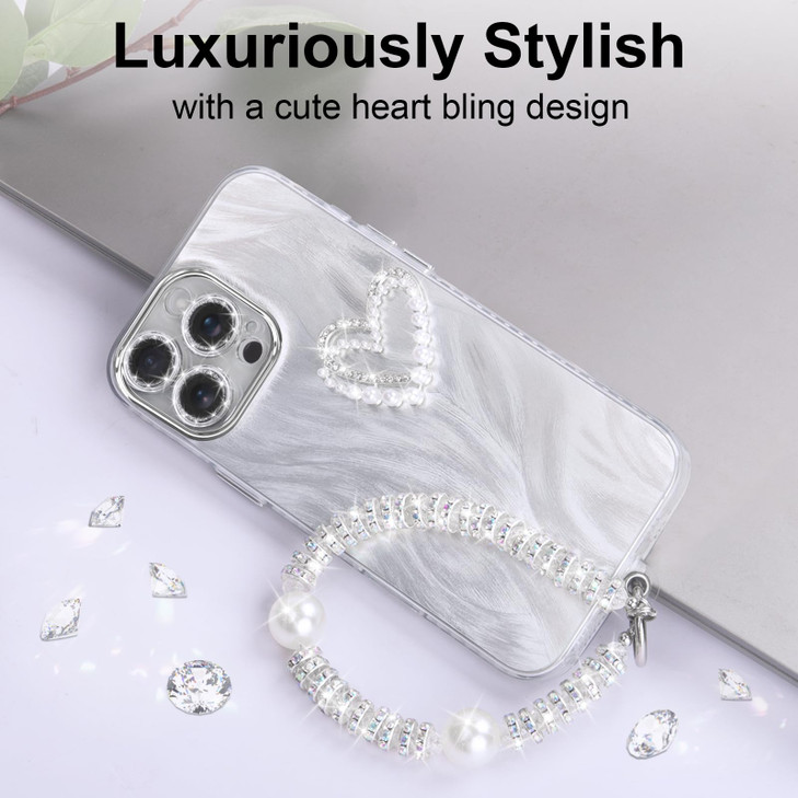 SQMCase Designed for iPhone 16 Pro Case with Wrist Strip Bling & Built-in Tempered Glasses Lens Protector, Diamonds Pearl Love-Heart Bling Protective