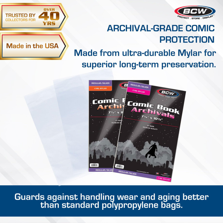 BCW Archival Storage Bags for Silver Age/Regular Comic Books - 50 Pack | 7 1/4" x 10 1/2" | 2 Mil Mylar Comic Book Sleeves | Clear Polyester