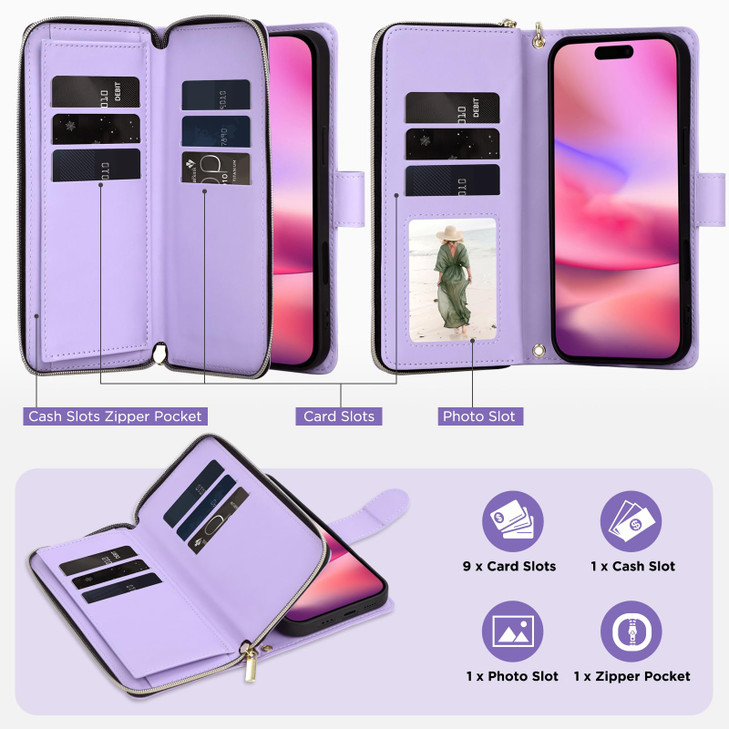 Asuwish Phone Case for iPhone 16 Wallet Cover with Tempered Glass Screen Protector Strap Card Holder Slot Stand PU Leather Flip Cell Magnetic Zipper