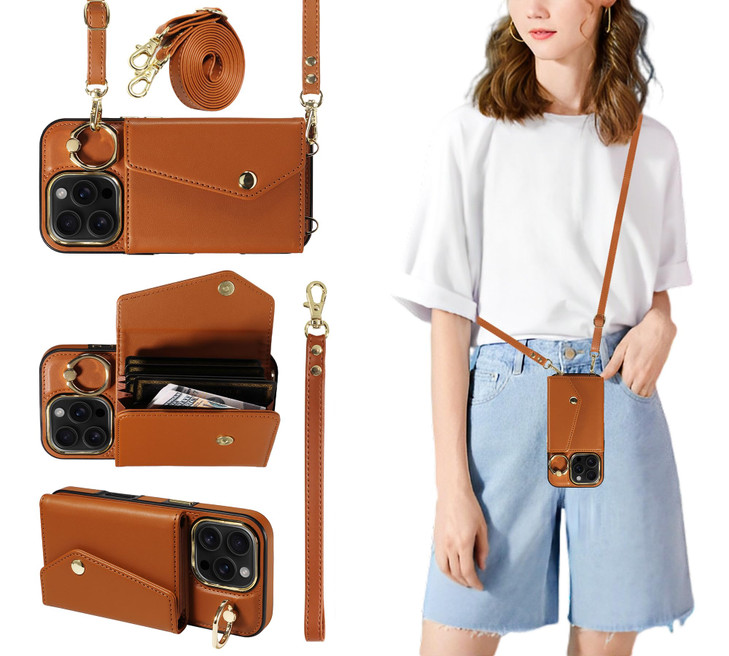 S. Tedazo Crossbody Wallet Case for iPhone 16 Pro (6.3 inch with Lanyard Strap, 366°Rotating Ring Kickstand & Card Slot Holder RFID Blocking, PU Leat