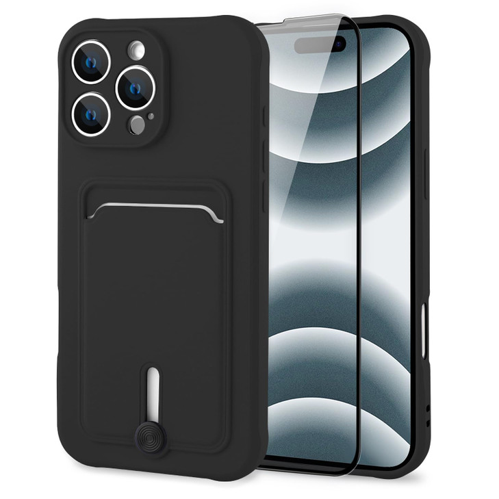 MZELQ TPU Wallet Compatible with iPhone 16 Pro Case, Card Holder Camera Protection Cover + Screen Protector, Push-able Slot for Girls Women -Black