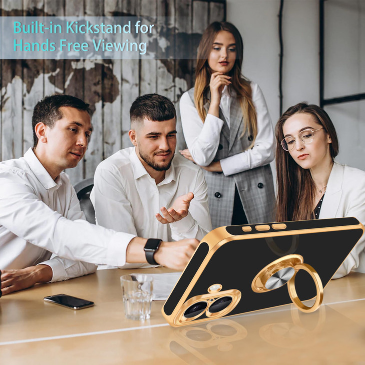 Fingic for iPhone 16 Plus Case[with 360°Rotatable Ring Holder][Support Magnetic Car Mount]Shiny Plating Gold Slim Thin Soft TPU Rugged Bumper Shockpr