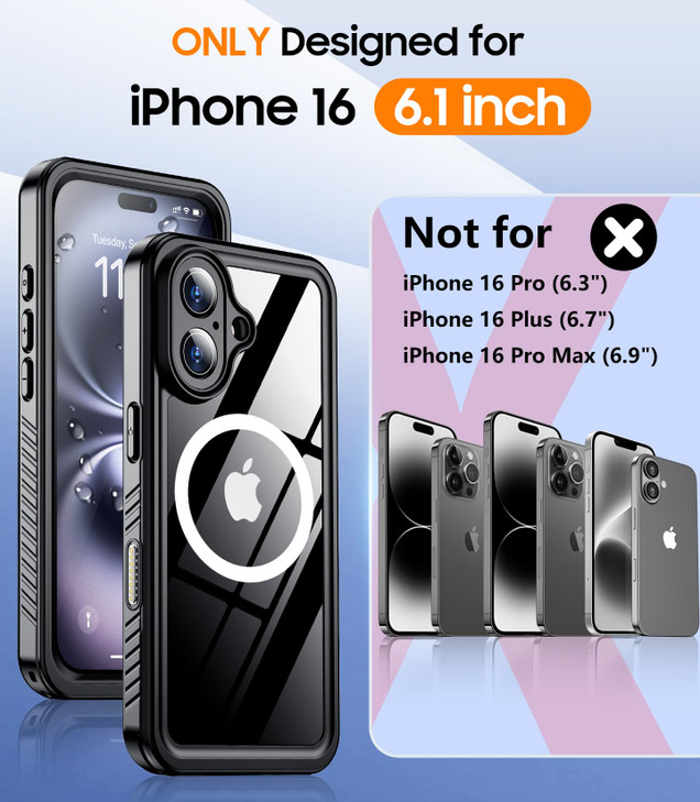 Temdan Magnetic for iPhone 16 Case Waterproof,Built-in Screen Protector[IP68 Underwater][Upgrade Military Dropproof][Compatible with MagSafe] Full Bo