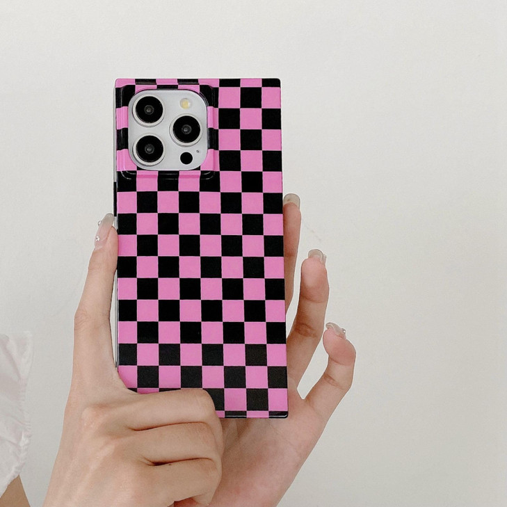 Rectangle Pink Checkered Phone Case for iPhone 16 Pro (6.3in) Cute Checkerboard Checker Flag Print Glossy Slim Trendy Rectangled Edge Strong Shockpro