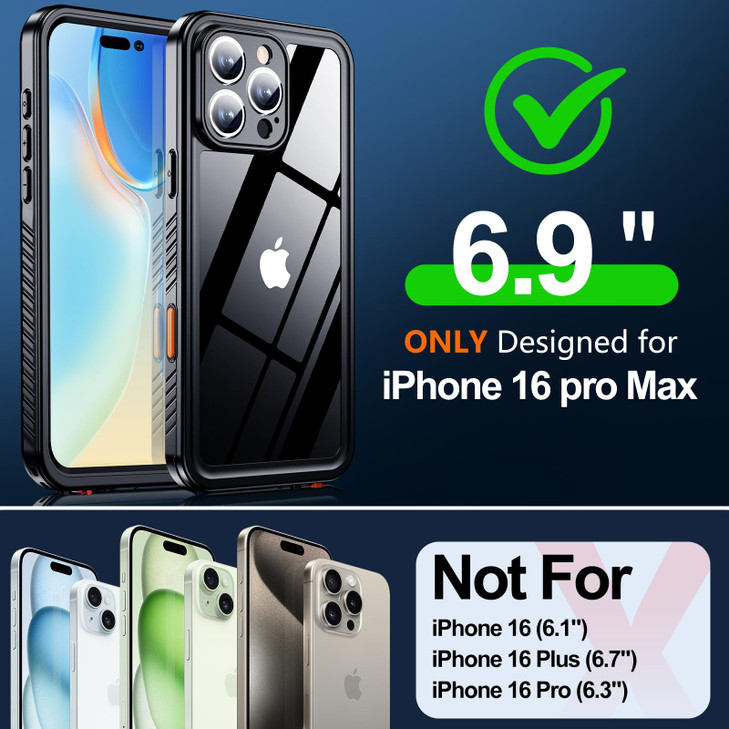 MOZOTER for iPhone 16 Pro Max Case Waterproof,[IPX8 Underwater Case][Full Body Shockproof & Military Dropproof] Clear Sound Quality Built-in Screen P