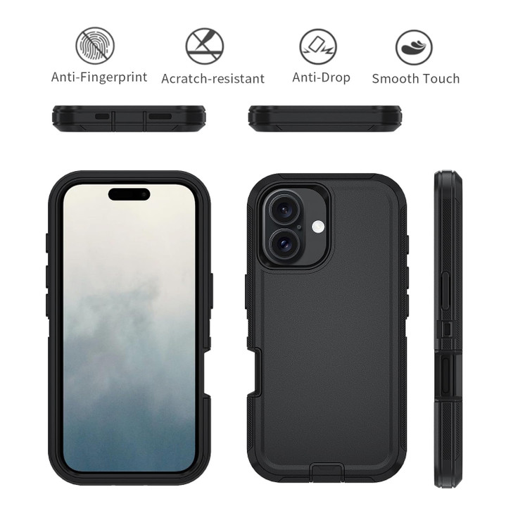 Olinoo Heavy Duty Rugged Case for iPhone 16 (2024), 3-Layer Super Full Protection with Kickstand, Belt Clip Holster (Black with Clip)