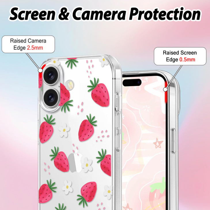 Cute Strawberry Case Compatible for iPhone 16 with Little Daisy Flowers Design for Women Girls Kids, Clear Slim Soft TPU Shockproof Protective Cover