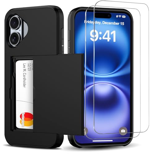 Benbenjaytek for iPhone 16 Plus Wallet Case with Card Holder + 2 Tempered Glass Screen Protector Protective Shockproof Hidden Card Slot Slim Case Wom