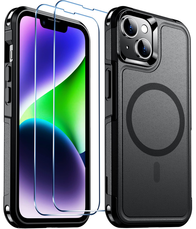 Temdan Magnetic for iPhone 13 Case,[Military Grade Drop Protection] [Compatible with MagSafe] 2 Pcs[Tempered Glass Screen Protector] Non-Slip Heavy D