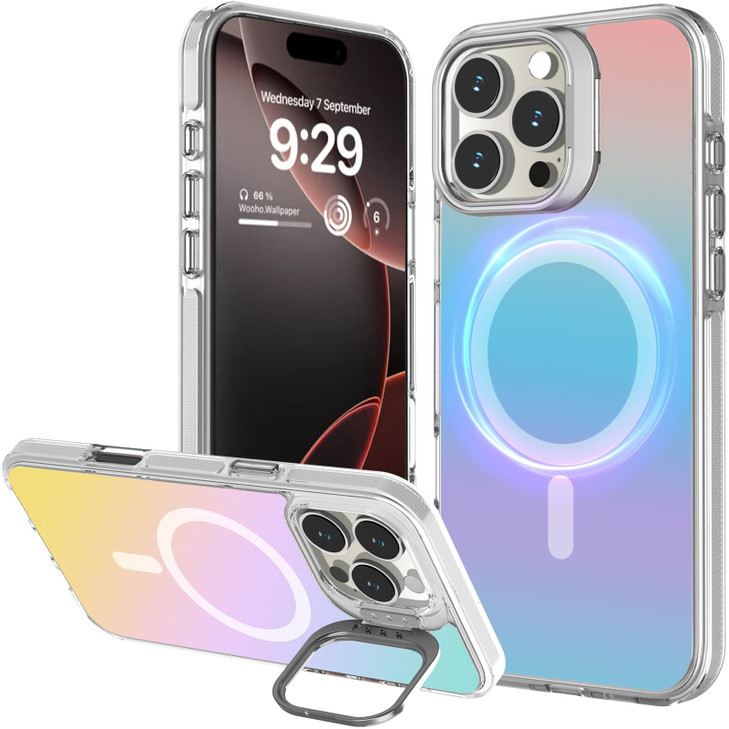 LOHASIC Magnetic Stand for iPhone 16 Pro Max Case, [Compatible with MagSafe] [Sturdy Camera Kickstand] Anti-Scratch Protective Cover Translucent Irid