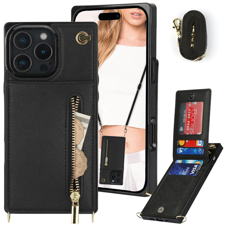 Ephoou Crossbody Zipper Wallet Case for iPhone 16 Pro 6.3" with Card Holder, Lanyard Purse Cover [Removable Shoulder Strap] with Kickstand Function f