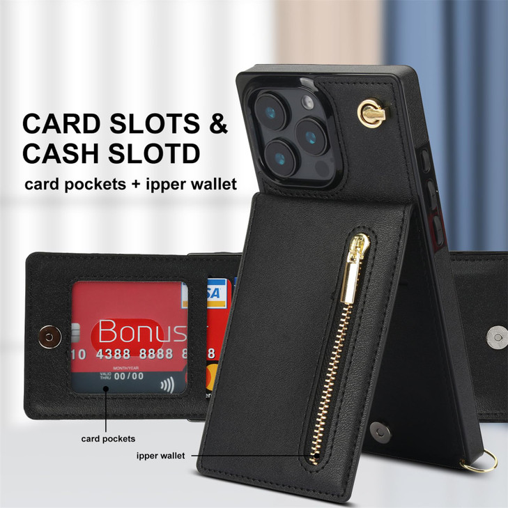 Ephoou Crossbody Zipper Wallet Case for iPhone 16 Pro 6.3" with Card Holder, Lanyard Purse Cover [Removable Shoulder Strap] with Kickstand Function f