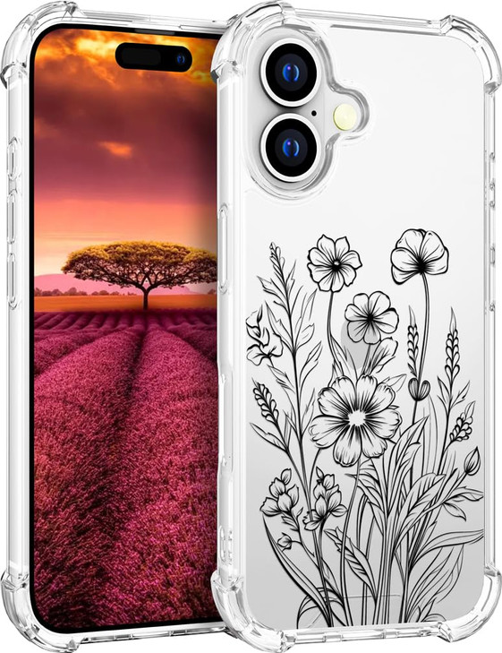 Topgraph Compatible with iPhone 16 Case Cute Clear for Women,Cool Transparent Silicone Phone Cases Cover - Black Flowers Line Art