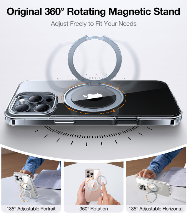 TORRAS Upgraded 360 Rotatable Magnetic Ring for iPhone 16 Pro Max Case, Fit for MagSafe with Stand Ring Holder, 16FT Mil- Grade Shockproof Translucen
