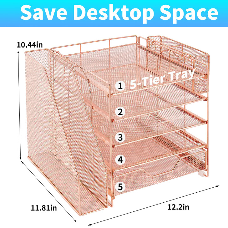 Gugsey Desk Organizer, 5-Tier Paper Letter Tray Organizer with File Holder, Drawer and Pen Holder, Desktop Organizer for Office Supplies, Rose Gold