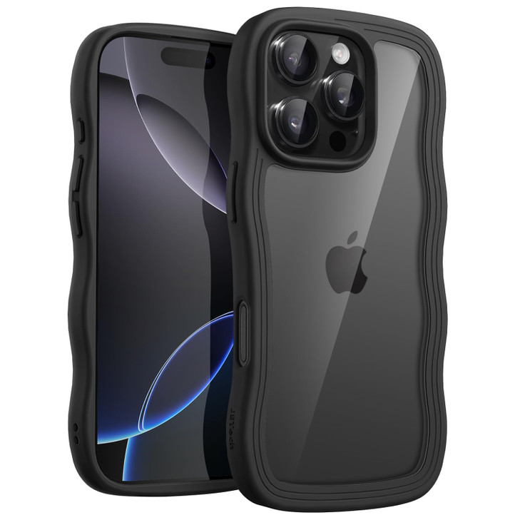 JETech Wavy Case for iPhone 16 Pro 6.3-Inch, Cute Wave Frame Curly Shape Shockproof Phone Cover for Women and Girls, Clear Hard PC Back (Black Titani