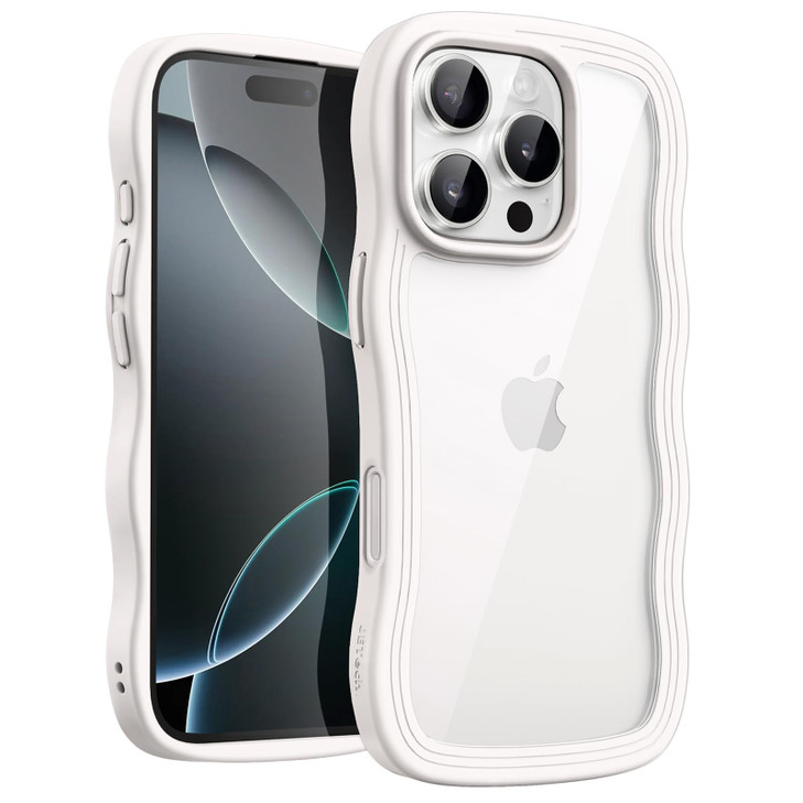 JETech Wavy Case for iPhone 16 Pro 6.3-Inch, Cute Wave Frame Curly Shape Shockproof Phone Cover for Women and Girls, Clear Hard PC Back (White Titani