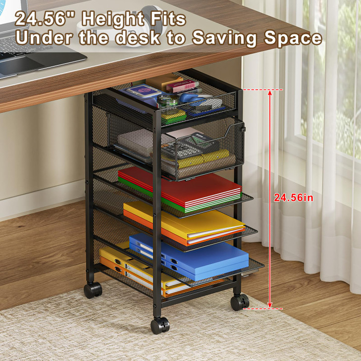 keomaisyto Under Desk Storage Slim File Cabinet, 6-Tier Rolling File Cart with Paper Letter Tray & Drawer, Standing Paper Organizer with Wheels, Narr