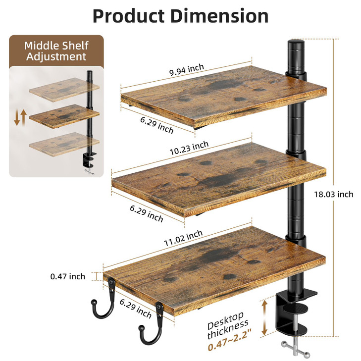 Marbrasse 3-Tier Clamp on Desk Shelf, Adjustable Above or Under Desktop Storage Shelf, 360°Rotatable Wood Standing Desk Organizer with Hooks,Desk Sto