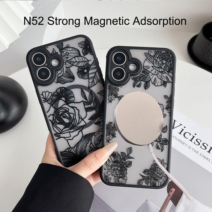 Changjia Magnetic Floral Case for iPhone 16 Plus, [Compatible with MagSafe] Cute Black Flower Case for Women Girls Soft TPU Bumper Hard PC Clear Shoc