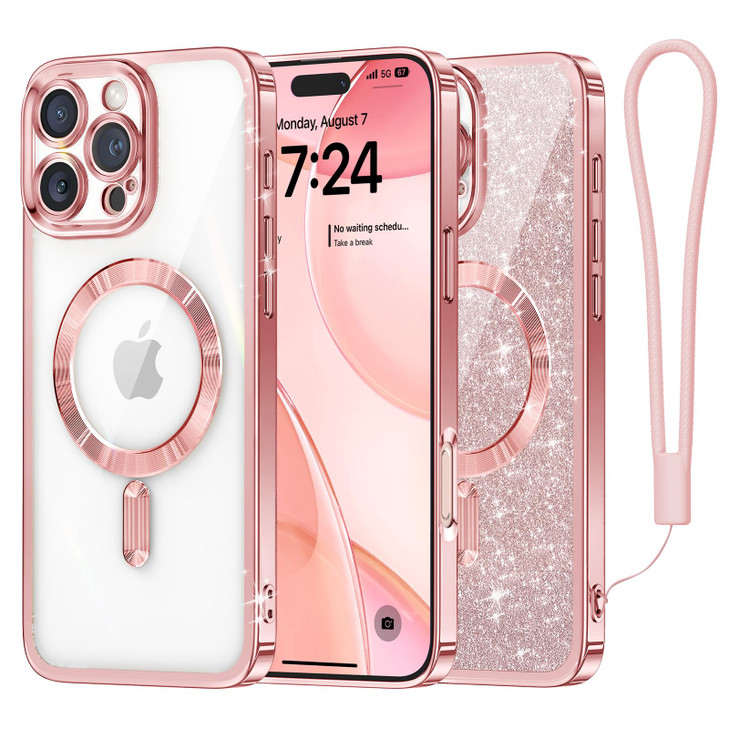 Meifigno for iPhone 16 Pro Max Case, [Glitter Card & Wrist Strap] [Compatible with MagSafe] [Military-Grade Protection] Surround Lens Protection Desi