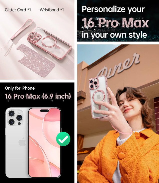 Meifigno for iPhone 16 Pro Max Case, [Glitter Card & Wrist Strap] [Compatible with MagSafe] [Military-Grade Protection] Surround Lens Protection Desi