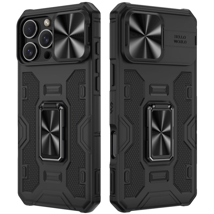 VEGO iPhone 16 Pro Max Case with Kickstand, Slide Camera Cover, 360 Rotate Ring Stand, Magnetic, Shockproof - Black