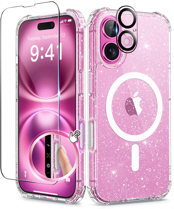 BERFY Magnetic for iPhone 16 Case, [Compatible with Magsafe], with Screen Protector + Camera Lens Protector, [Non-Yellowing] Clear Sparkly Shockproof