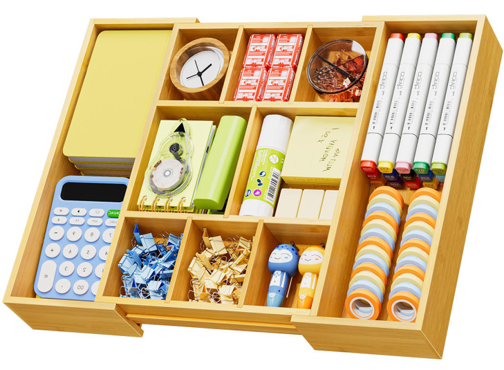 Marbrasse Bamboo Expandable Drawer Organizer, Desk Drawer Organizer Tray with 5 Dividers, Desk Organizers and Accessories, 10 Adjustable Compartments