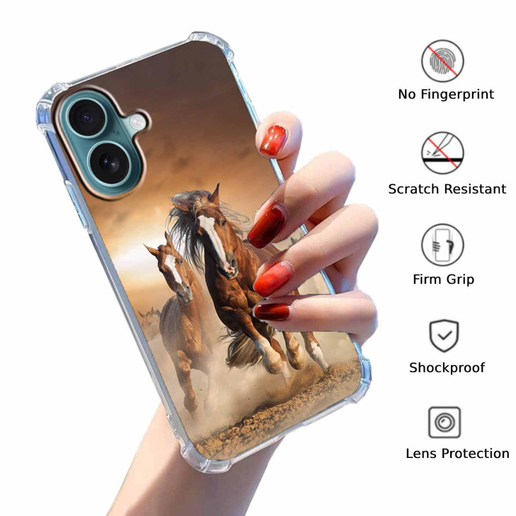 Tobelint Case for iPhone 16 Plus with Horse Design,Brown Running Animals Pattern for Men Women,Clear Slim Soft TPU Bumper Case,6.7(Horse,16plus)
