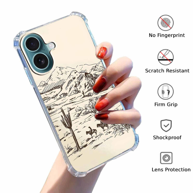 Tobelint Case for iPhone 16 with Vintage Cowboy Art Design,Abstract Wild West Landscape Pattern for Men Women,Clear Slim Soft TPU Bumper Case,6.1(Co
