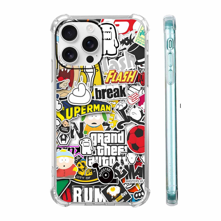 Tobelint Case for iPhone 16 Pro Max with Pop Culture Design,Aesthetic Cartoon Sticker Bomb Art Collage Pattern for Men Women,Clear Slim Soft TPU Bump