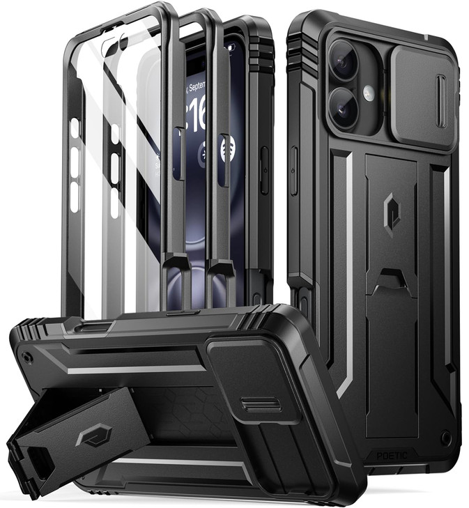 Poetic Revolution Case for iPhone 16 Plus 6.7 inch, [Slide Camera Cover], Full-Body Military Grade Rugged Shockproof Cover with Kickstand and Built-i