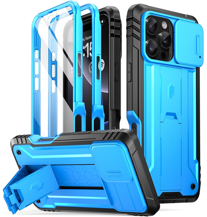 Poetic Revolution Case for iPhone 16 Pro 6.3 inch, [Slide Camera Cover], Full-Body Military Grade Rugged Shockproof Cover with Kickstand and Built-in