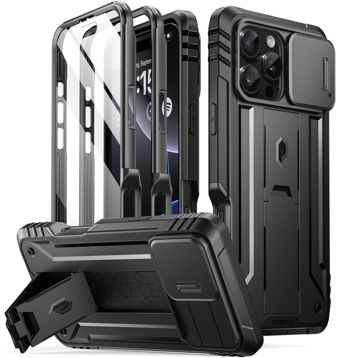 Poetic Revolution Case for iPhone 16 Pro Max 6.9 inch, [Slide Camera Cover], Full-Body Military Grade Rugged Shockproof Cover with Kickstand and Buil
