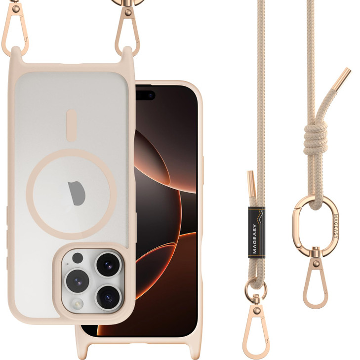MAGEASY Case for iPhone 16 Pro 6.3" - Case with Crossbody Strap, 16ft Drop Protection, Compatible with MagSafe | Roam M (Rosé)
