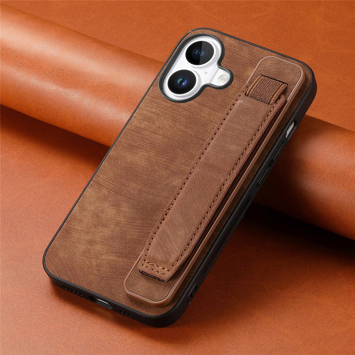 Omio Designed for iPhone 16 Leather Case with Stand & Strap, Wrist Strap Leather Back Cover Hard PC Shockproof Finger Grip Case for Men Women Girls,