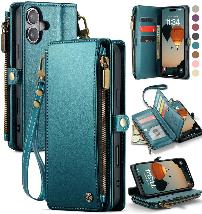 Defencase Compatible with iPhone 16 Plus Case Wallet with RFID Blocking Card Holder for Women Men, PU Leather Magnetic Snap Flip Zipper Strap Wallet