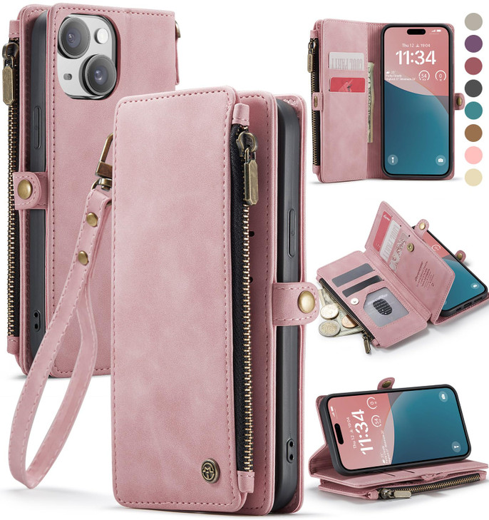 Defencase Compatible with iPhone 14 Case Wallet with RFID Blocking Card Holder for Women and Men, Fashion PU Leather Magnetic Snap Flip Zipper Strap