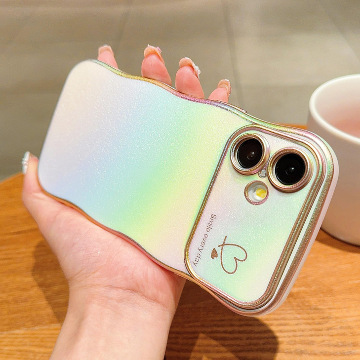 PHYLLA for iPhone 16 Plus 6.7" 5g Phone Case Cute Curly Wave Frame with Luxury Plated Iridescent Laser Love Hearts Pattern Rainbow Raised Lens Protec