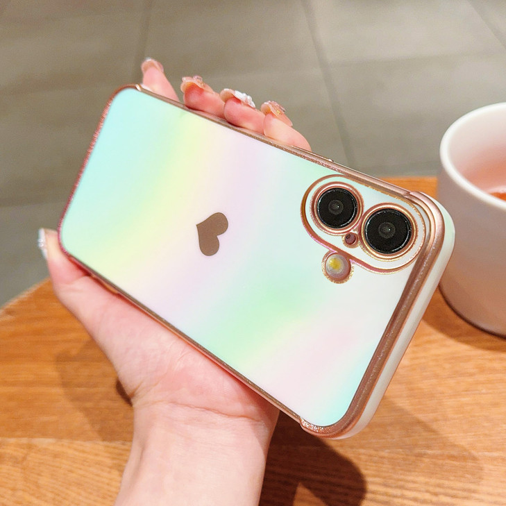 phylla for iPhone 16 Plus 6.7" 5g Phone Case Luxury Plated Cute Heart Iridescent Rainbow Laser Protective Cover Camera Protection Soft Silicone Shock
