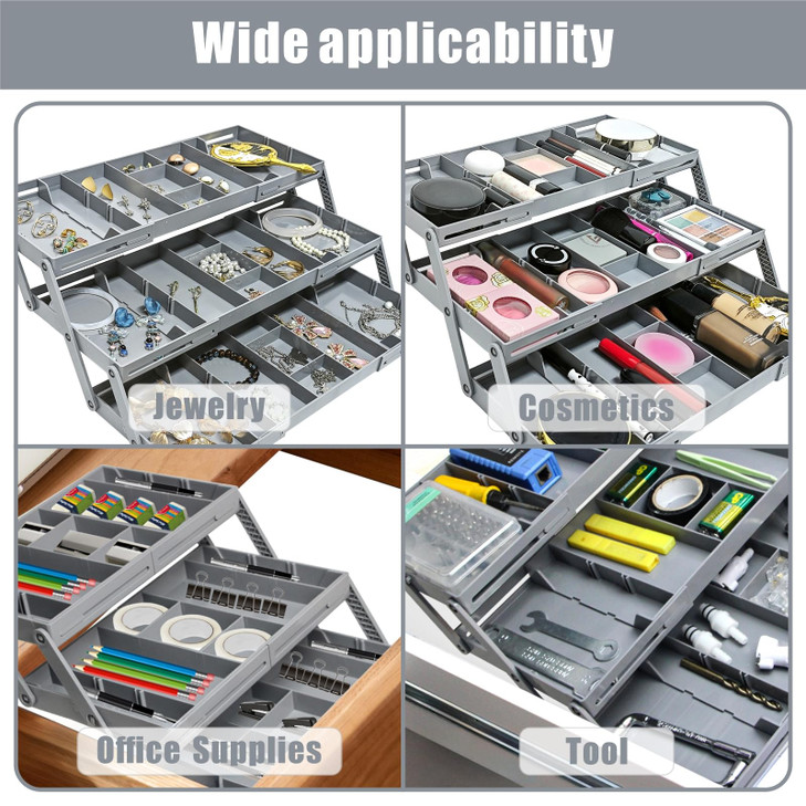 QZV 3-Tier Expandable Multi-Level Drawer Organizer - Extra Large Storage, Collapsible Smart Organizer for Jewelry, Makeup, Office Supplies, Kitchen(1