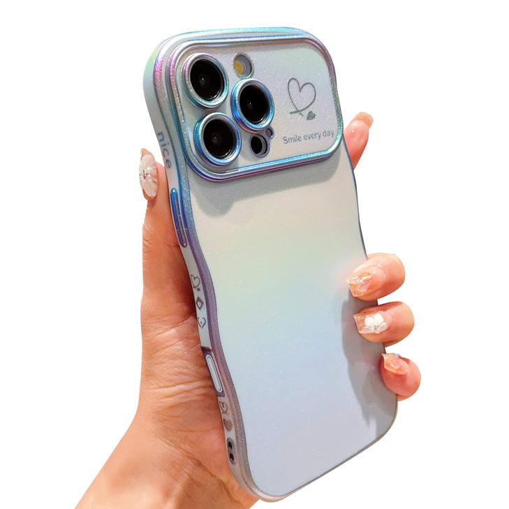 phylla for iPhone 16 Pro 5g 6.3" Phone Case Cute Curly Wave Frame with Luxury Plated Iridescent Laser Love Hearts Pattern Rainbow Raised Lens Protect