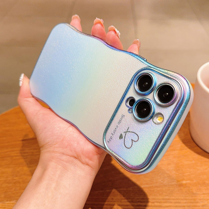 phylla for iPhone 16 Pro 5g 6.3" Phone Case Cute Curly Wave Frame with Luxury Plated Iridescent Laser Love Hearts Pattern Rainbow Raised Lens Protect
